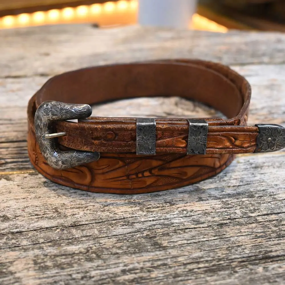 Vintage Tooled Western Belt W/Sterling Buckle 1