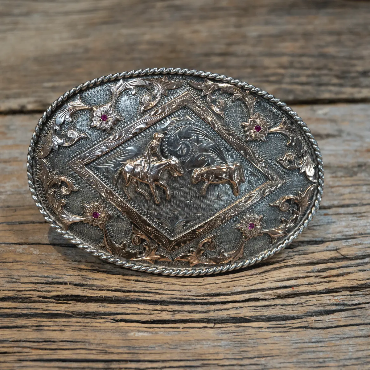 1980'S Vogt Silversmiths Sterling Silver 10K Gold Cutting Horse Belt Buckle 1