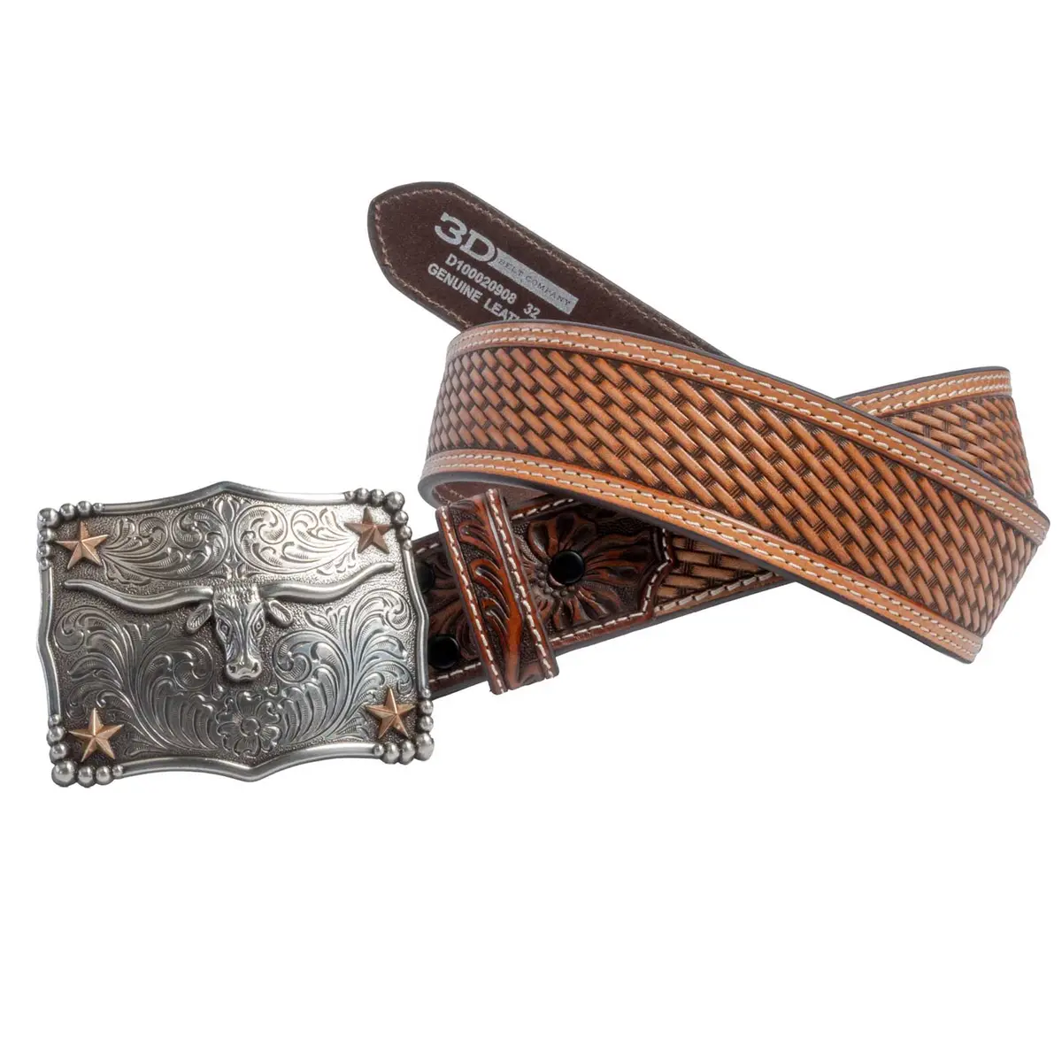 3D Men's Tapered Basketweave Silver Longhorn Buckle Tan Belt 1