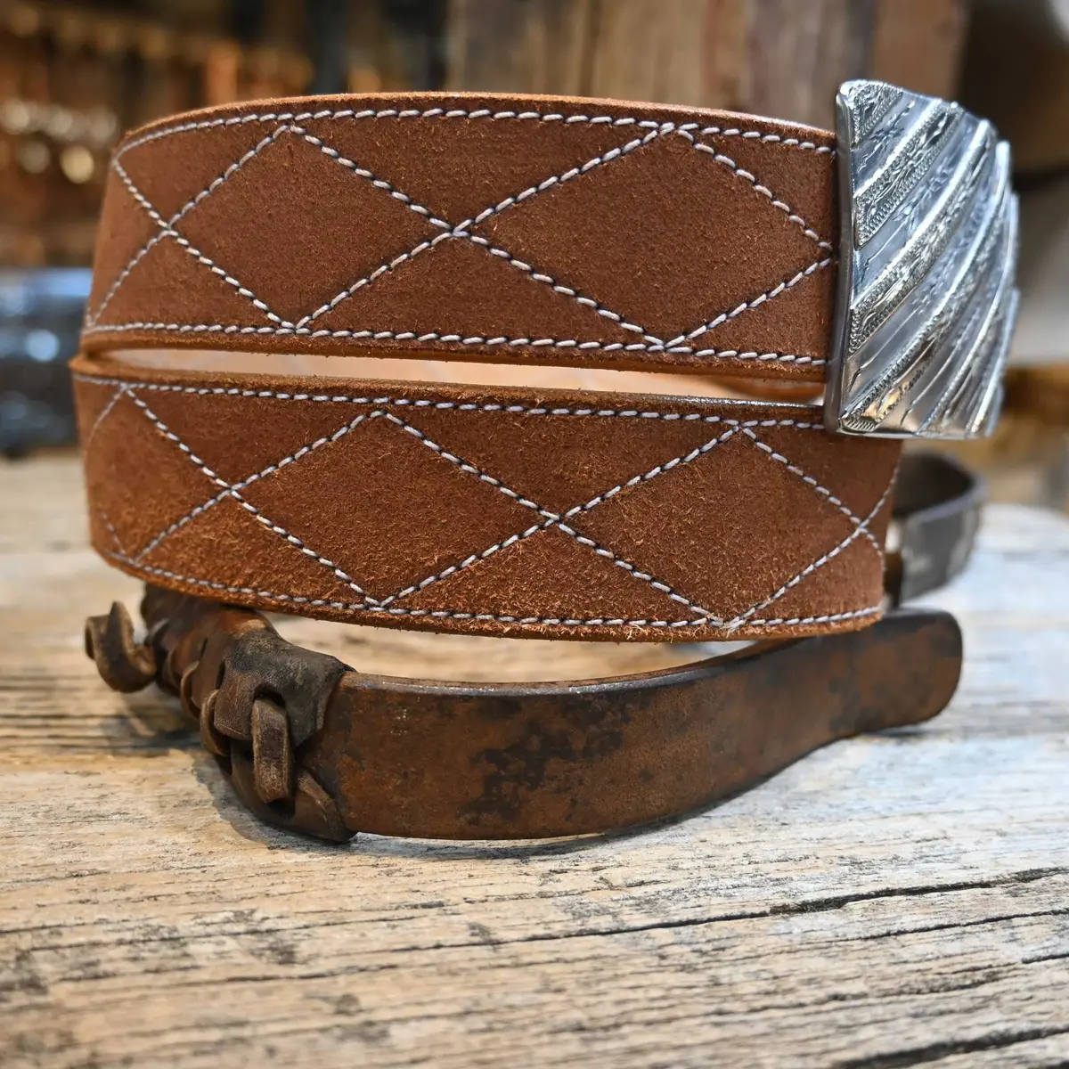 Adam Lahey Brown Diamond Stitch Belt 1