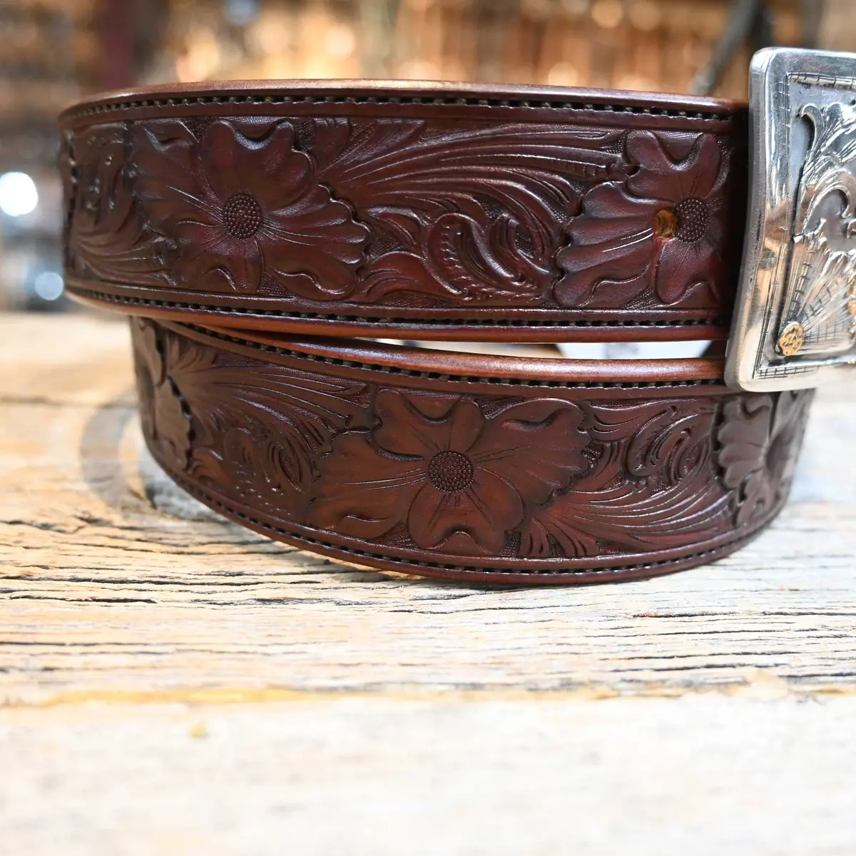 Handmade Casey Tew 41" Cherry Mahogany Fully Tooled Belt 1