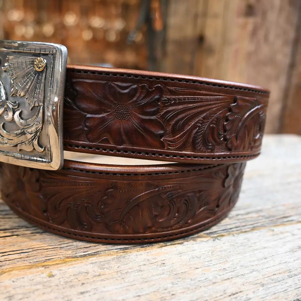 Handmade Casey Tew 41" Cherry Mahogany Fully Tooled Belt 2
