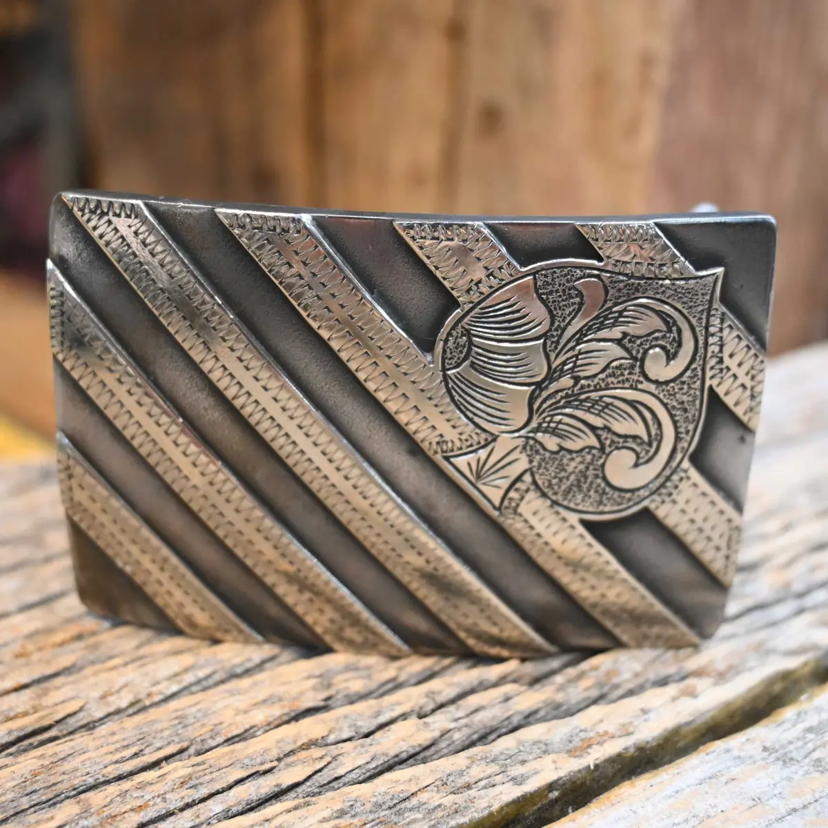 Turtle Jones Silver Mounted Stripes & Spade Motif Belt Buckle 1
