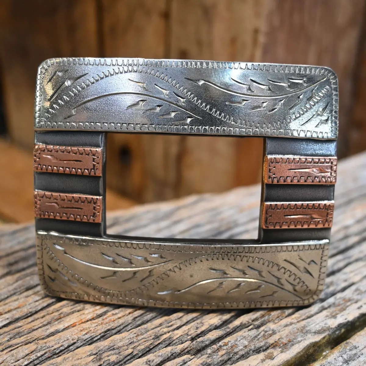Turtle Jones Silver & Copper Mounted Stripes Motif Belt Buckle 1