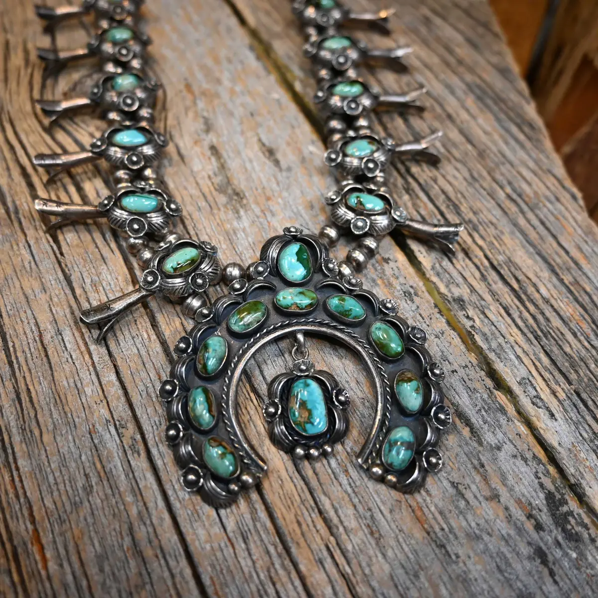 1960'S Sterling Silver Nice! Turquoise Stones Squash Blossom Florets Necklace 1