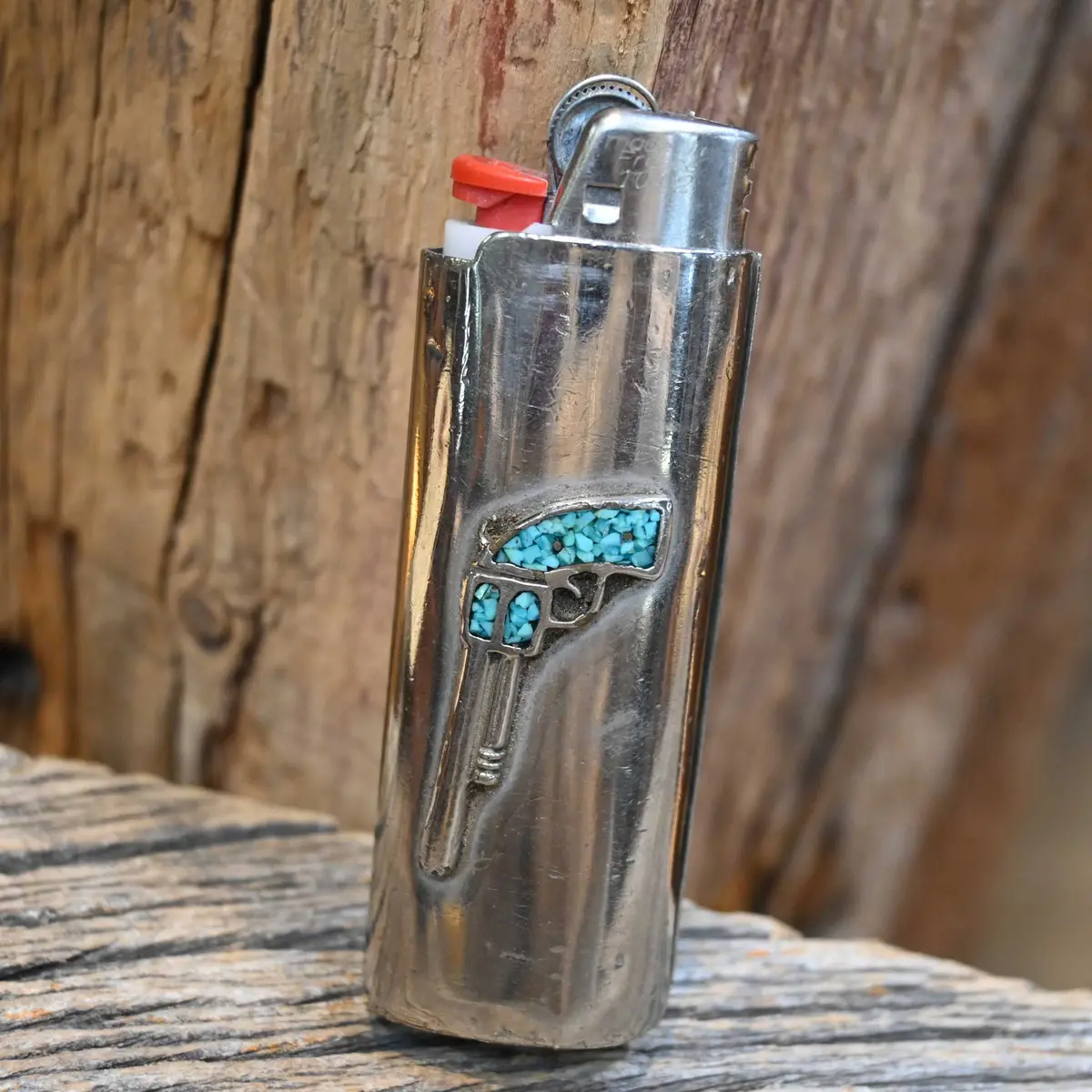 Nickel Bic Lighter Cover W/A Turqouise Pistol Motiff 1