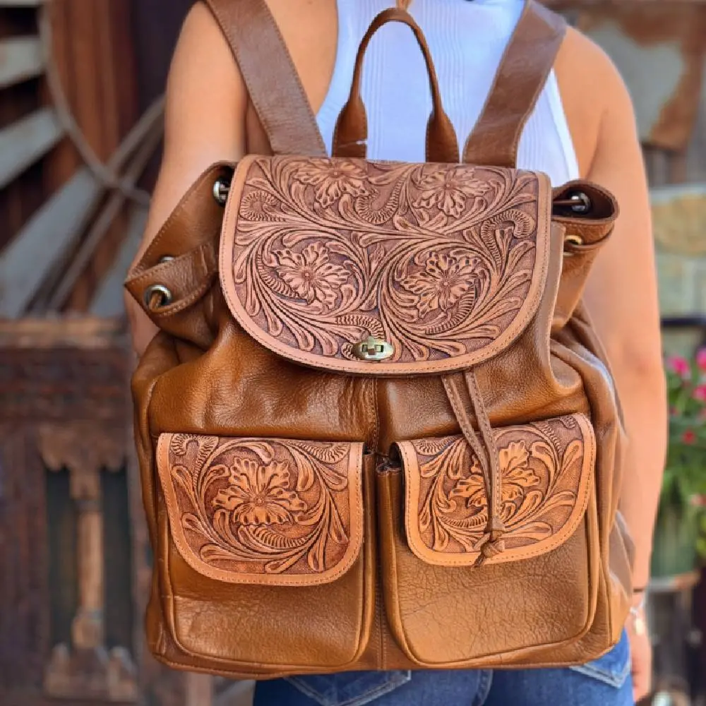 Scout Leather Co, Ada Tan Tooled Two Pocket Backpack - Final Sale 1