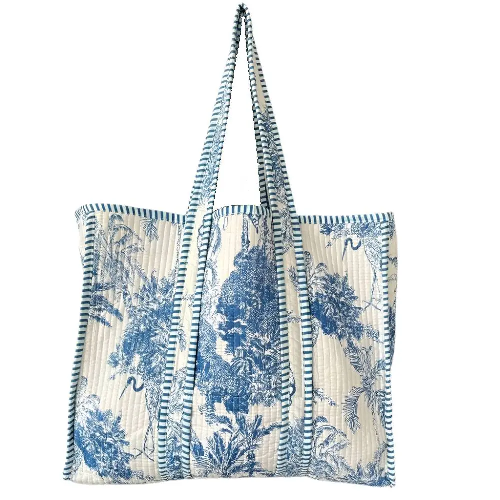 Floral Blue Quilted Cotton Tote 1