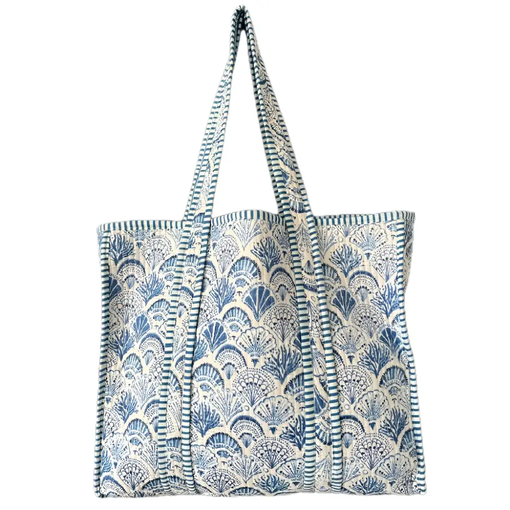 Quilted Cotton Jhola Tote - Light Blue Floral/Shells 1