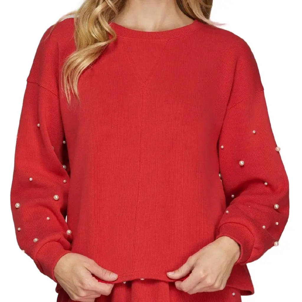 Pearl Knit Long Sleeve Red Top - Final Sale 1