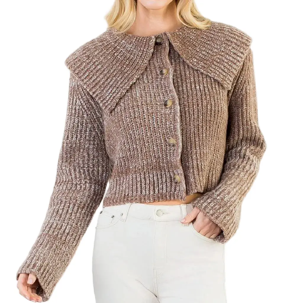 Cropped Knitted Collar Brown Cardigan 1