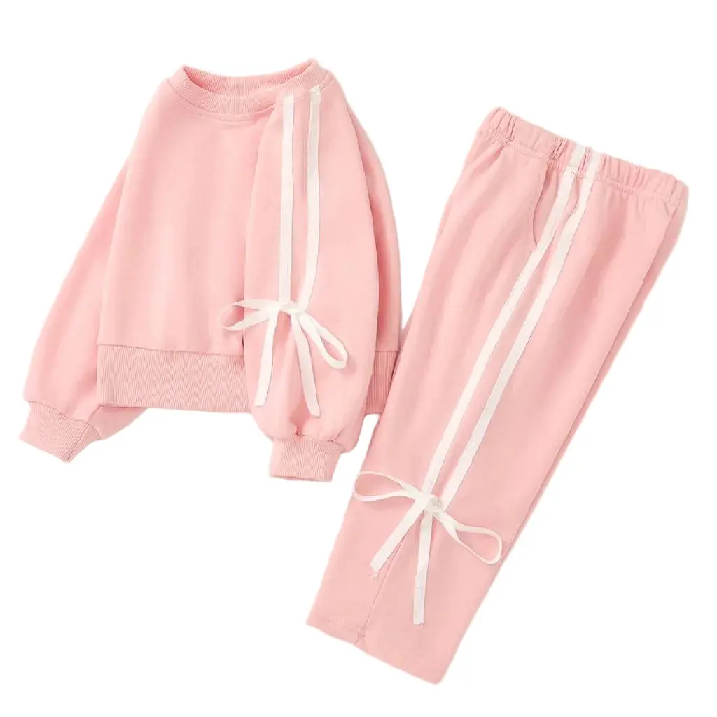 Girl's Pink Bow Trim Sweatsuit Set 1