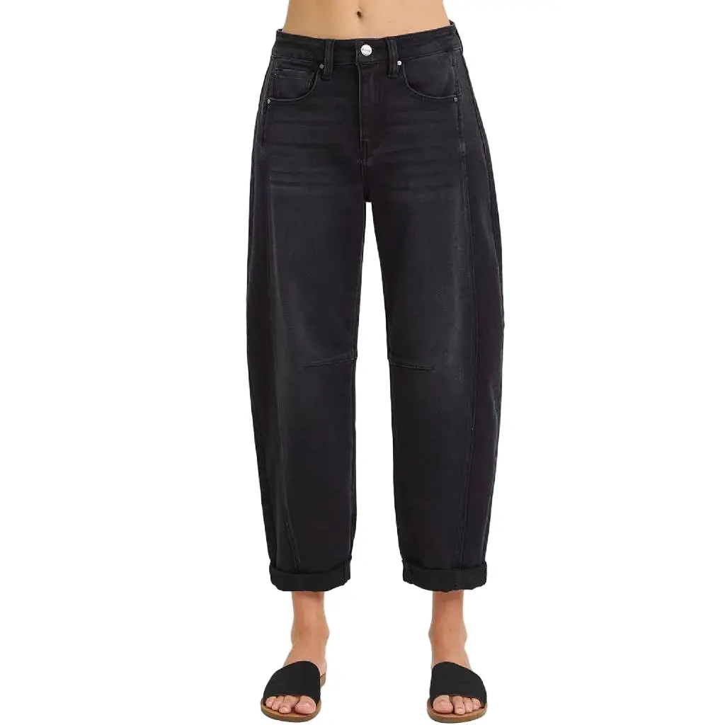 Risen High Rise Boyfriend Cuffed Black Barrel Jean 1