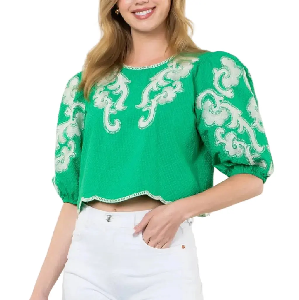 Embroidered Green Puff Sleeve Top 1