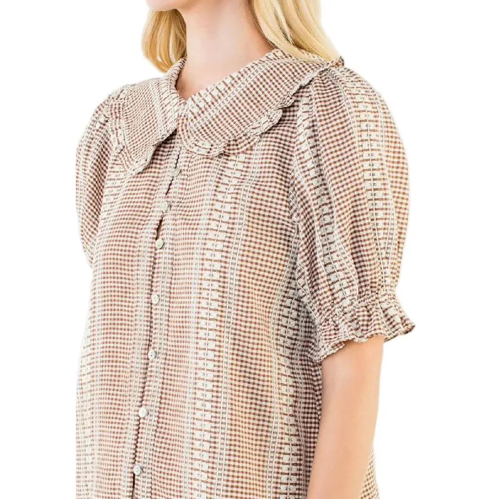 Puff Sleeve Brown Gingham Top 1