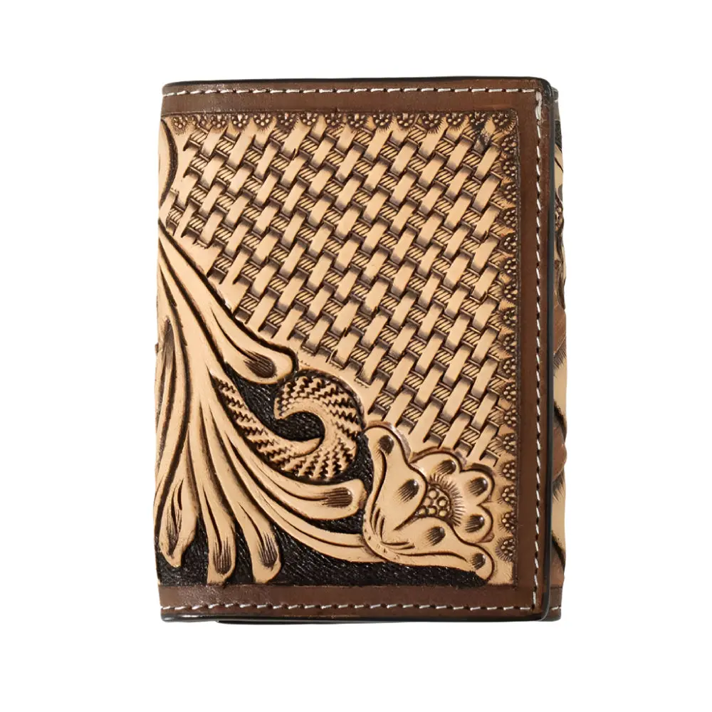 3D Tooled Floral Basketweave Trifold Wallet 1