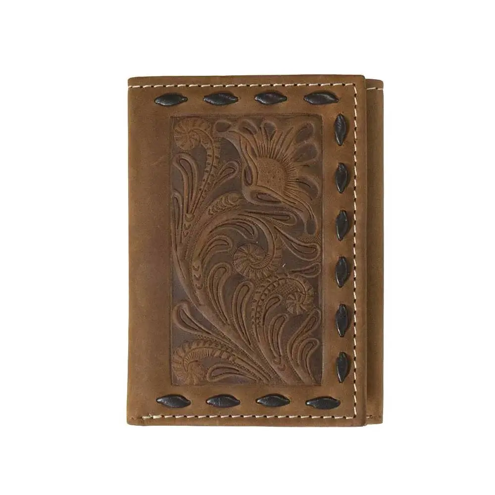 Nocona Floral Embossed Chocolate Buck Lace Trifold Wallet 1